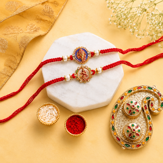 Set of 2 Ganesha & Krishna Rakhi Set for Brother, Bhai, Multicolor