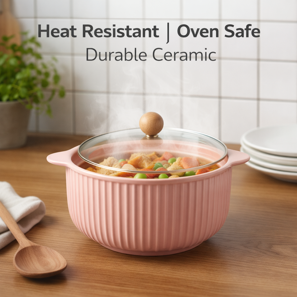 Ceramic Casserole Dish with Lid | Oven Safe, Heat Resistant Cookware | Durable Serving Bowl with Handles | Ideal for Cooking, Baking & Serving (Multi Colour)