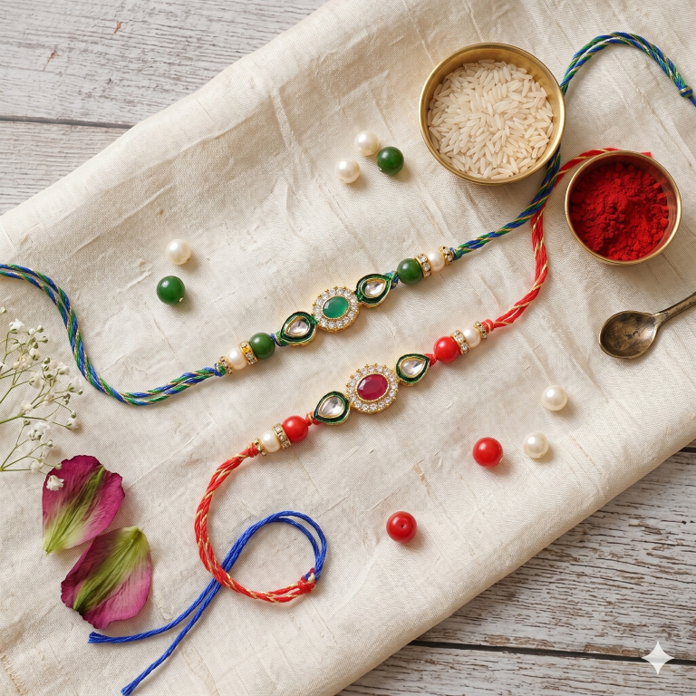 Set of 2 Emerald & Ruby Designer Rakhi Set for Brother & Bhavi, Multicolor