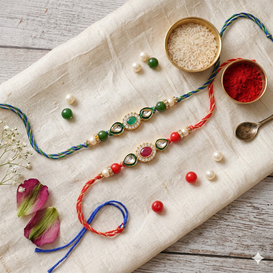 Set of 2 Emerald & Ruby Designer Rakhi Set for Brother & Bhavi, Multicolor