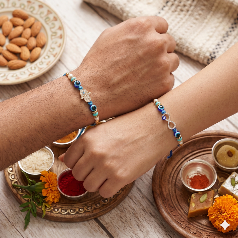 Set of 2 Hamsa & Infinity Rakhi Set for Brother & Bhavi, Multicolor