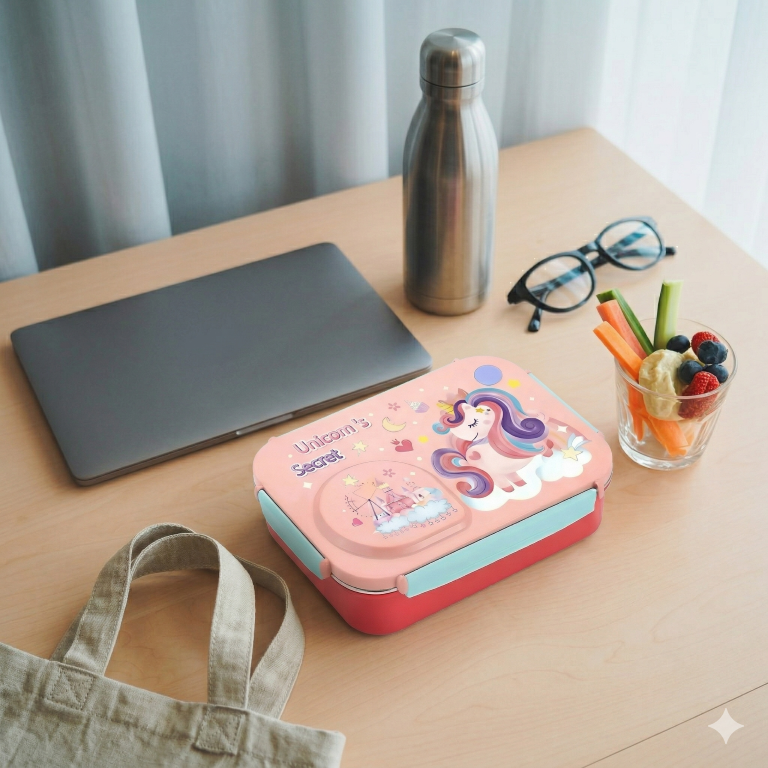 Steel Lunch Lunch Box, 750 ml with 150ml Bowl, BPA Free and Leak Proof, 3 Compartment airtight, with a Spoon & Chopsticks,Unicorn Cartoon Design, Pink, Premium Lunch Box