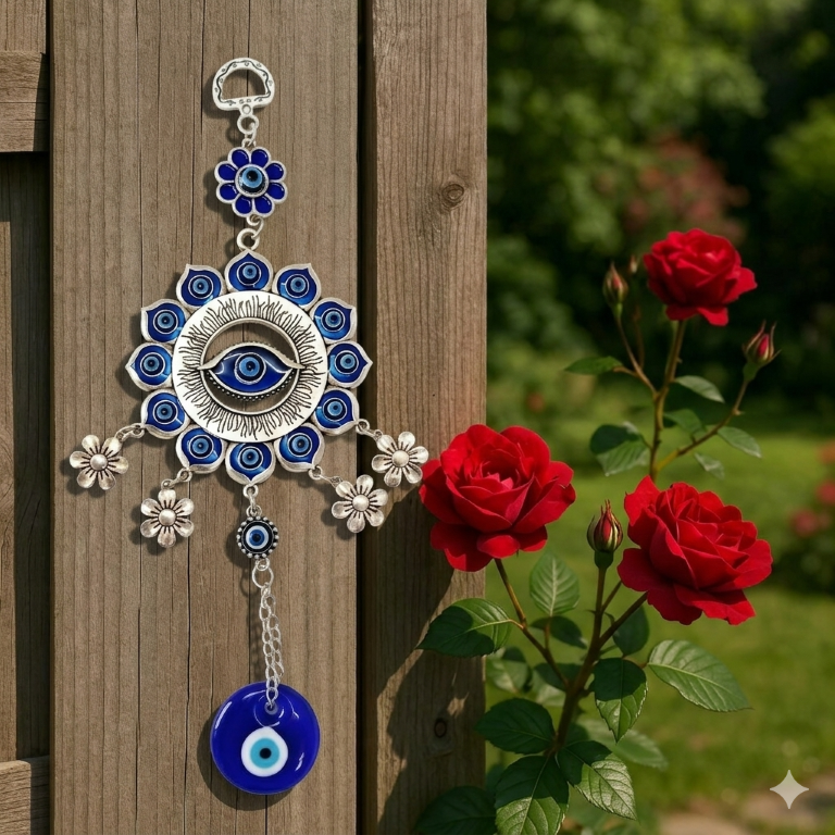 Silver Flower Mandala Evil Eye Wall Hanging with Dangle Charms