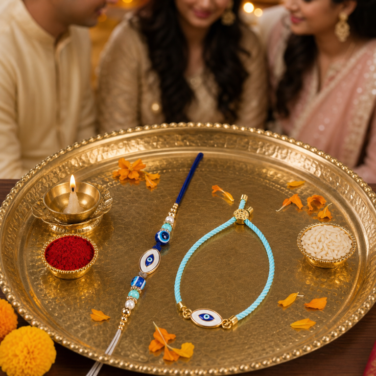 Bhai Bhabhi Rakhi Set | Evil Eye Rakhi & Evil Eye Lumba Bracelet