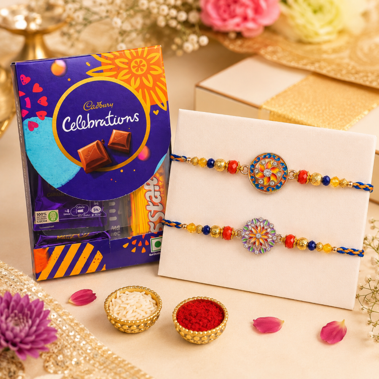 Rakhi Gift Set with 2 Twin Mandala Rakhi Pair, Roli Chawa, Sipra, Key Chain and chocolate box