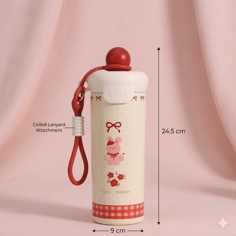 Cute Rabbit Stainless Steel Kids Water Bottle with Straw & Carry Strap – Leakproof Insulated Flask for School