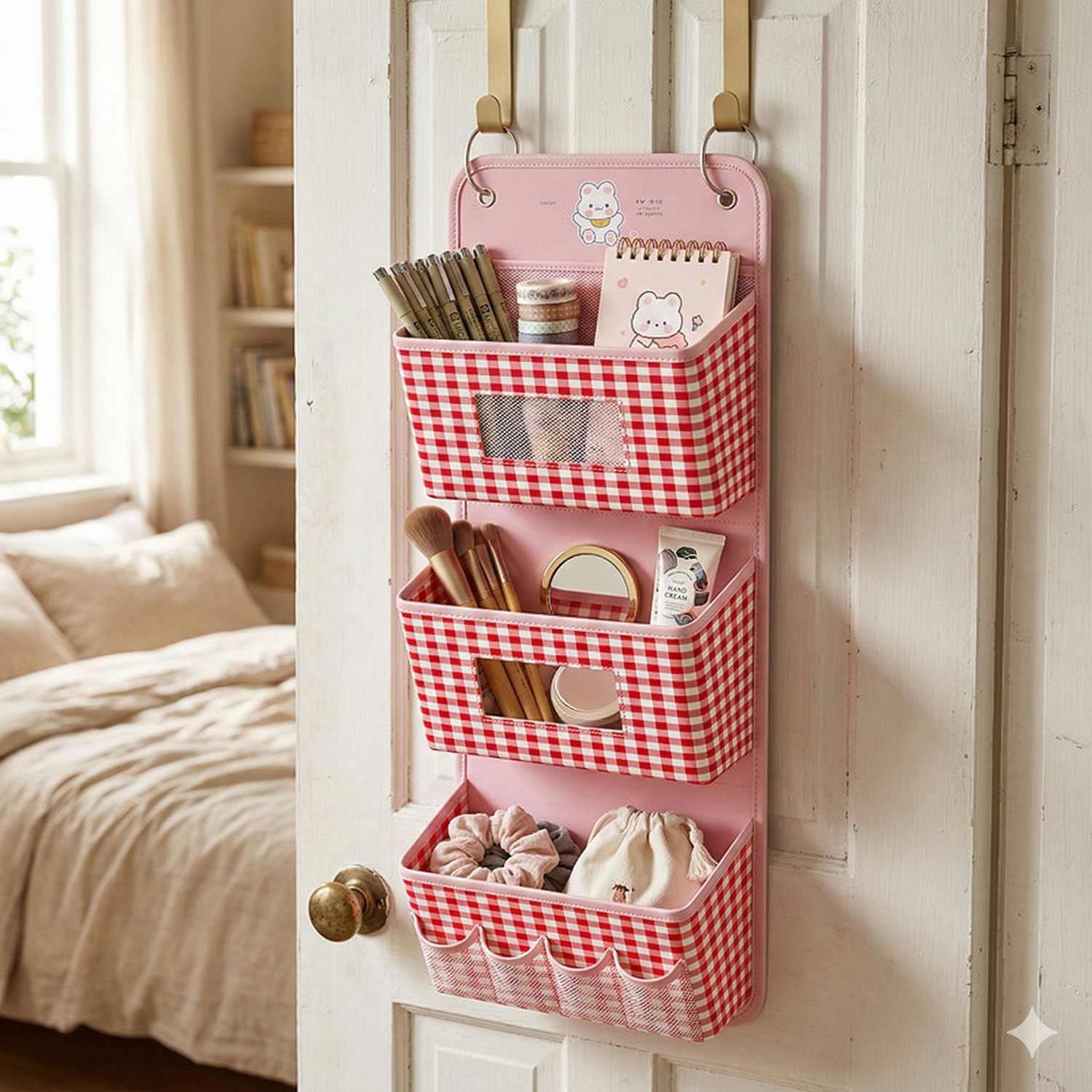 Tiny Shiny Over Door Hanging Organizer — 3 Pocket  Fabric Storage Bag with Mesh Windows | Red Yellow