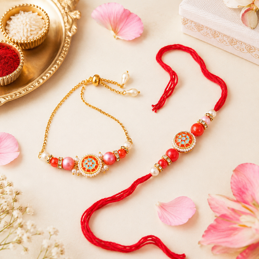 Bhai Bhabhi Rakhi Set | Designer Rakhi & Adjustable Lumba Bracelet