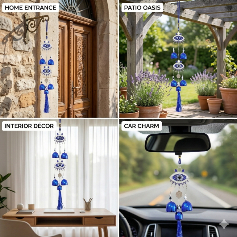 Evil Eye Hanging Nazar Battu for Home House Entrance Protection Door Decoration, Car Mirror Hanging, Housewarming Gift (Wind Chime Evil Eye)