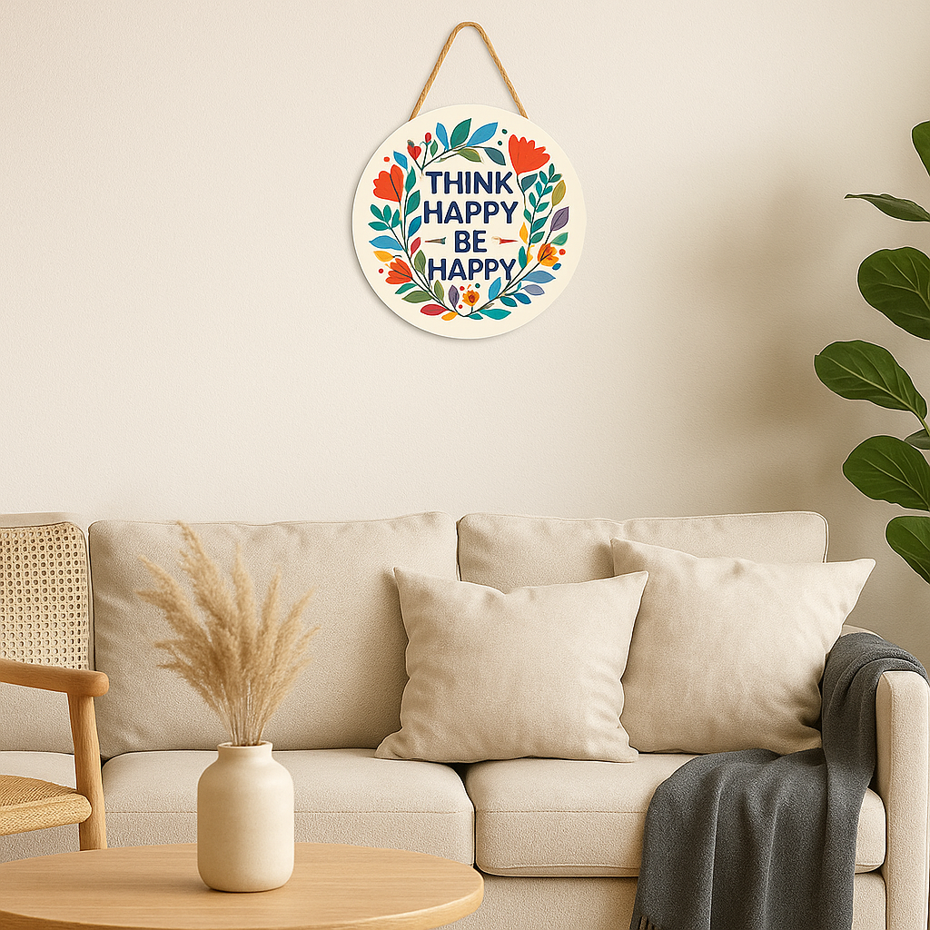 Think Happy Be Happy Floral Hanging Wall Plaque | Decorative Motivational Wall Hanging for Home, Office & Gifting