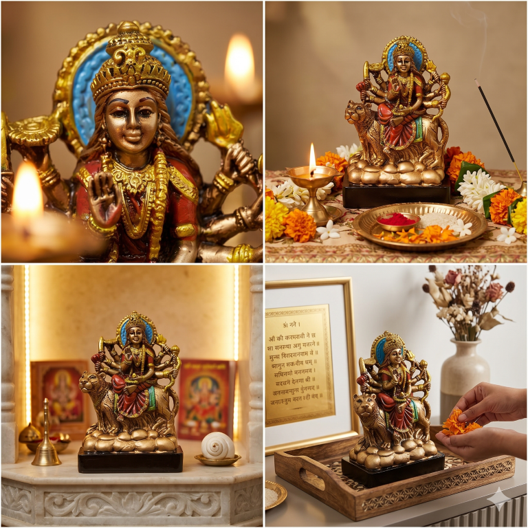 Divine Maa Durga Idol on Lion - Antique Bronze & Turquoise Finish (13.5 cm) | Sherawali Mata Murti for Home Decor & Pooja