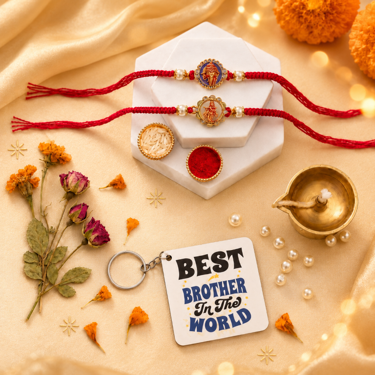 Set of 2 Ganesha & Krishna Rakhi Set for Brother, Bhai, Multicolor