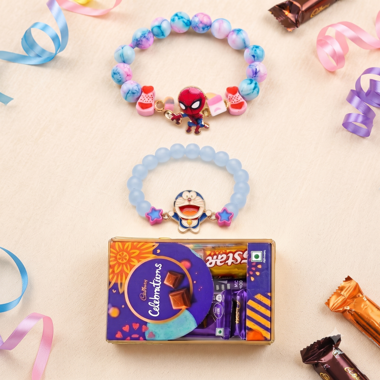 Spider Hero & Doraemon Bracelet Bro Kids Rakhi Set of 2 Designer Rakhi for Brother