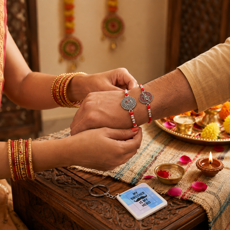 Rakhi Gift Set with 2 Divine Krishna Rakhi Set, Roli Chawa, Sipra, Key Chain and chocolate box