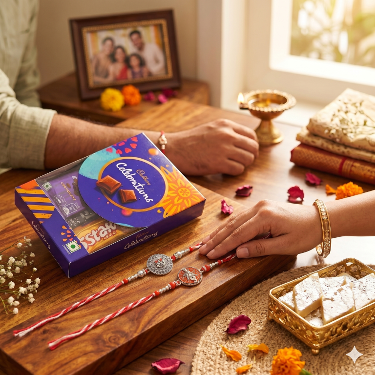 Rakhi Gift Set with 2 Divine Krishna Rakhi Set, Roli Chawa, Sipra, Key Chain and chocolate box
