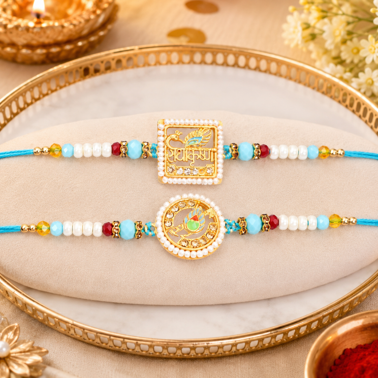 Set of 2 Radha Krishna Rakhi Set for Brother & Bhavi, Multicolor