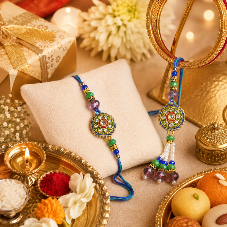 Designer Rakhi Set of 2 | Floral Stone Rakhi for Brother