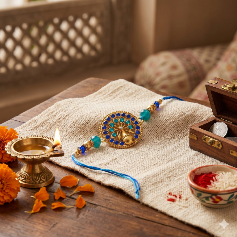 Rakhi Gift Set Brother with Life Tree Rakhi, Roli Chawa, Sipra, Key Chain and chocolate box