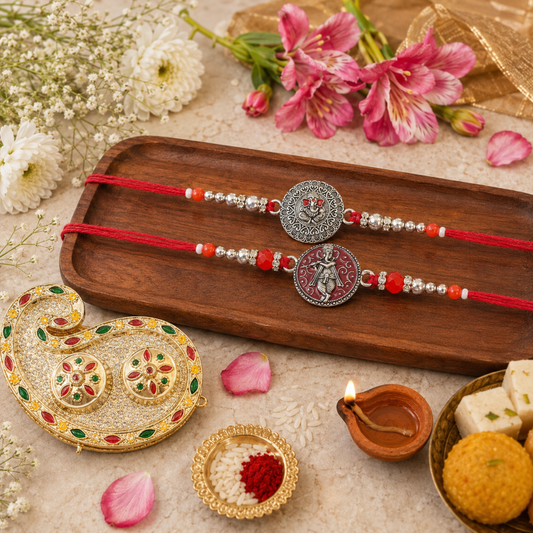 Rakhi Gift Set with 2 Divine Krishna Rakhi Set, Roli Chawa, Sipra, Key Chain and chocolate box