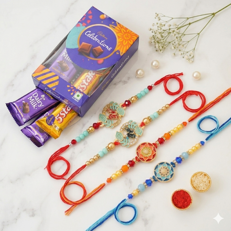 Rakhi Gift Set with 4 Radha Krishna Rakhi Set, Roli Chawa, Sipra, Key Chain and chocolate box