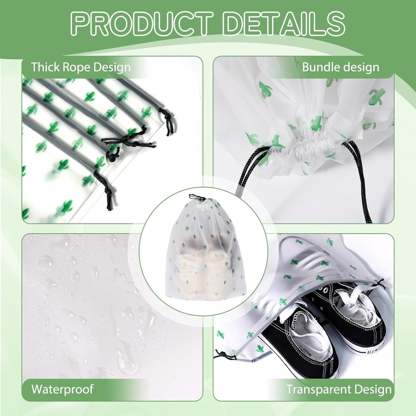Tiny Shiny Travel Shoe Bag — Transparent Waterproof  Organizer for Travel and Gym | Pack of 5 | Green Floral