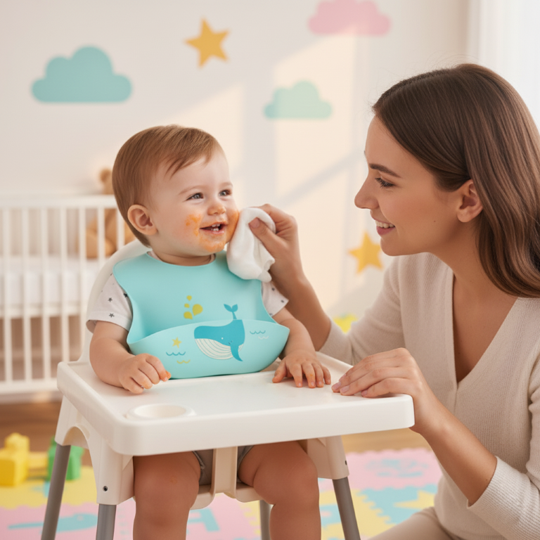Tiny Shiny Silicone Bib for Baby Food Feeding BPA Free, Adjustable Straps Waterproof Built-in Food Pocket Mess Free Ideal for Babies 6 to 36 Months