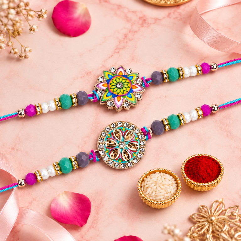 Rakhi Gift Set with 2 Colorful Mandala Rakhi Set, Roli Chawa, Sipra, Key Chain and chocolate box