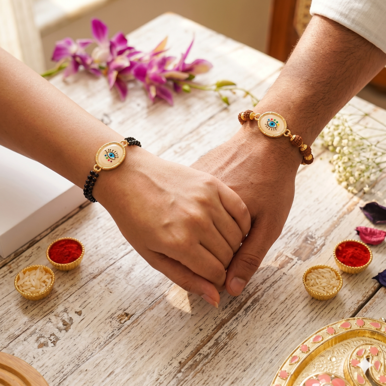 Bhai Bhabhi Rakhi Set | Evil Eye Rakhi & Rudraksha Lumba Bracelet