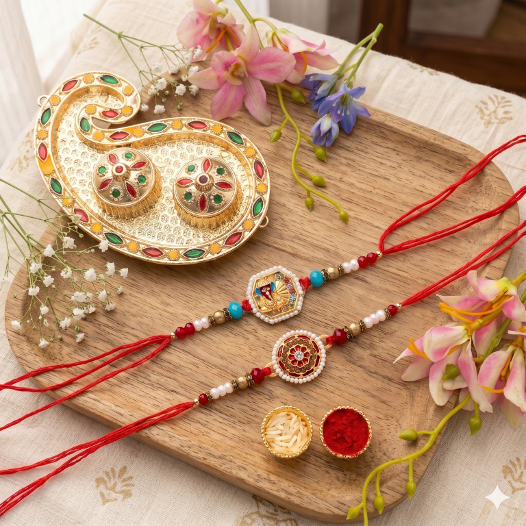 Set of 2 Ganesha Designer Rakhi Set for Brother, Bhai, Multicolor