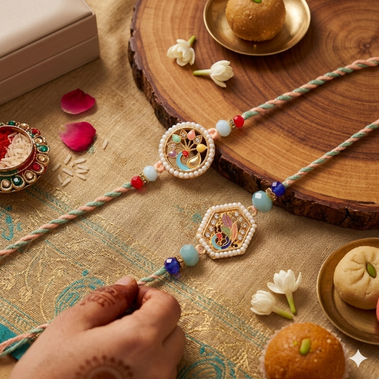 Rakhi Gift Set with 2 Pastel Bird Designer Rakhi Set, Roli Chawa, Sipra, Key Chain and chocolate box