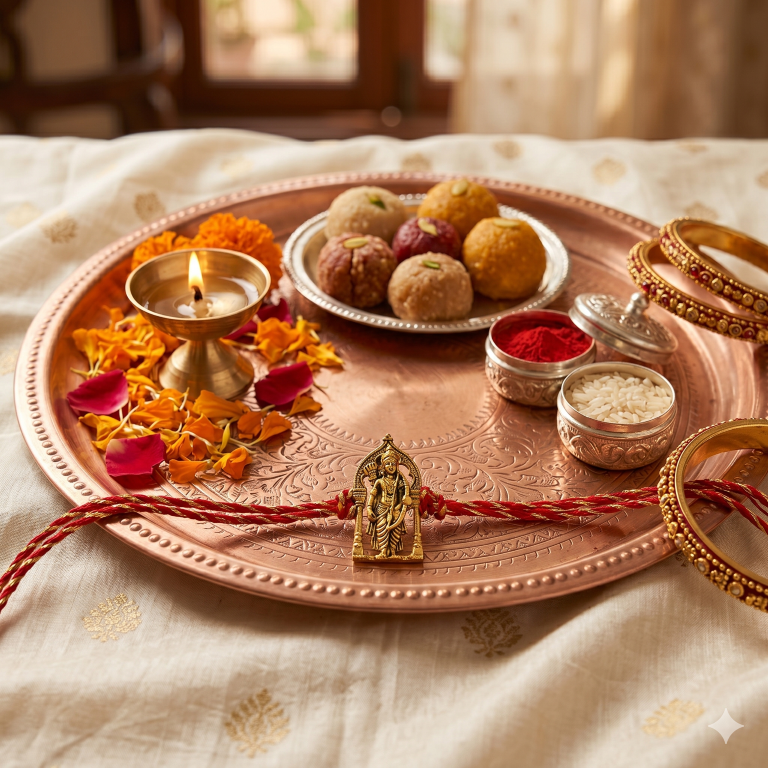 Rakhi Gift Set Brother with Tirupati Ram Lalla Rakhi, Roli Chawa, Sipra, Key Chain and chocolate box