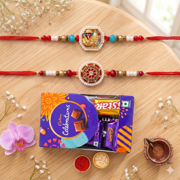Set of 2 Ganesha Designer Rakhi Set for Brother, Bhai, Multicolor