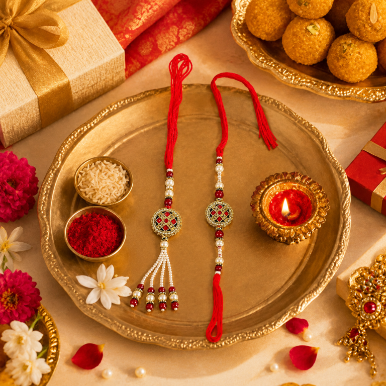 Designer Meenakari Bhaiya Bhabhi Rakhi Set with Pearl Lumba – Red & Green Traditional Raksha Bandhan Rakhi