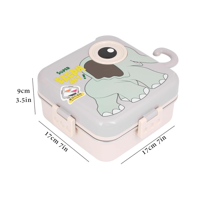 Cute Elephant Bento Lunch Box for Kids | 3 Compartment Leak-Proof BPA-Free Tiffin | Cartoon Elephant Design with Airtight Lid & Lock Clips | School, Travel & Picnic Lunch Container | Lunchbox (Grey) (1120ml + 70ml)
