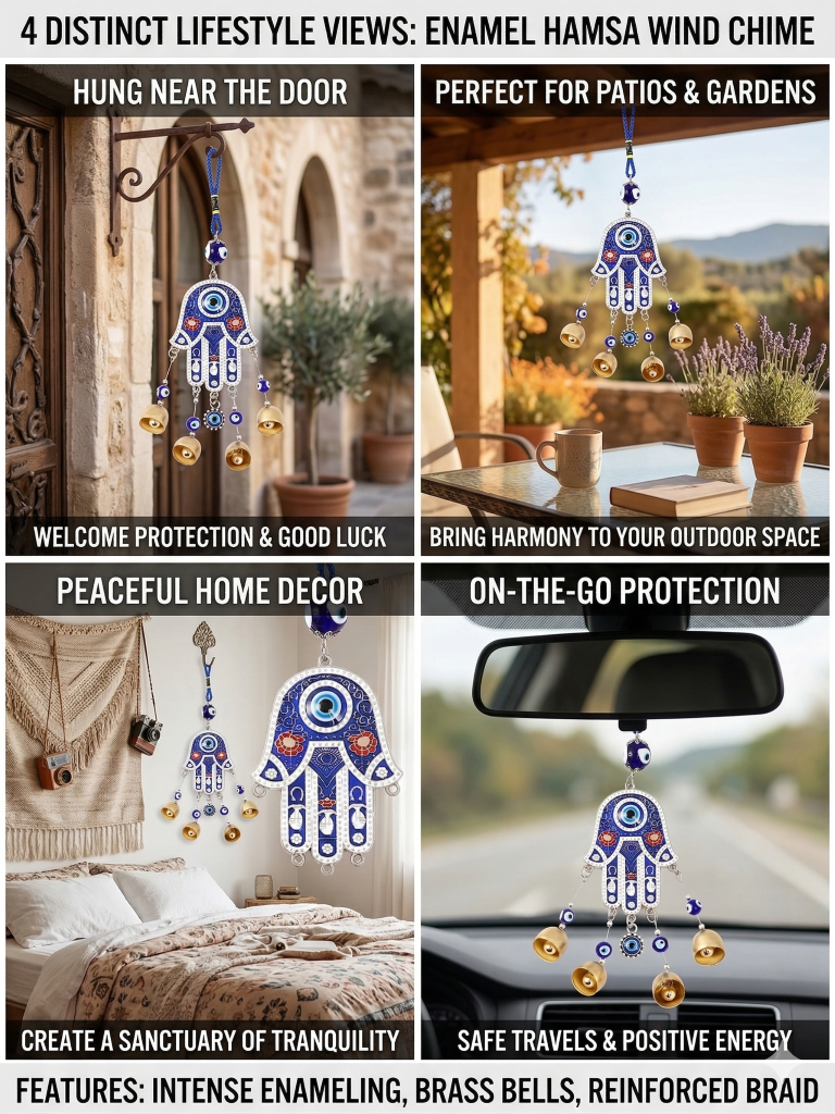 Hamsa Hand Evil Eye Wind Chimes for Good Luck Prosperity, Zodiac Success, Health Wealth Evil Eye Charm for Balcony, Home Entrance, Living Room Handcrafted Home Decor for Gift (Blue)