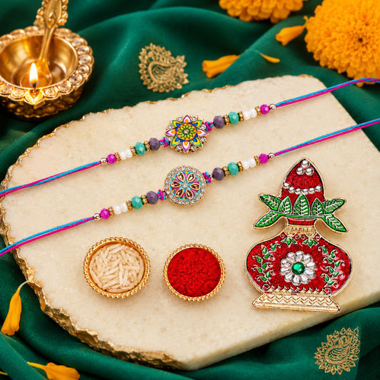 Rakhi Gift Set with 2 Colorful Mandala Rakhi Set, Roli Chawa, Sipra, Key Chain and chocolate box