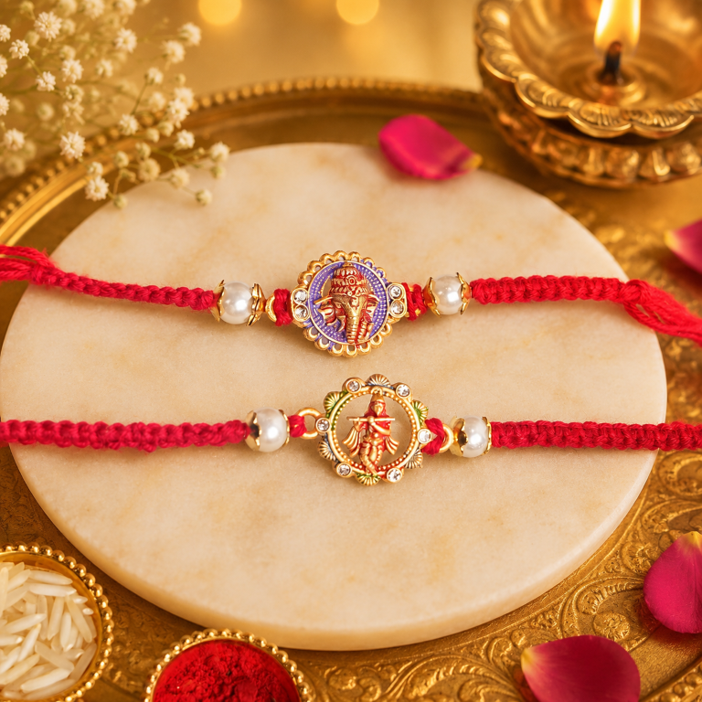 Set of 2 Ganesha & Krishna Rakhi Set for Brother, Bhai, Multicolor