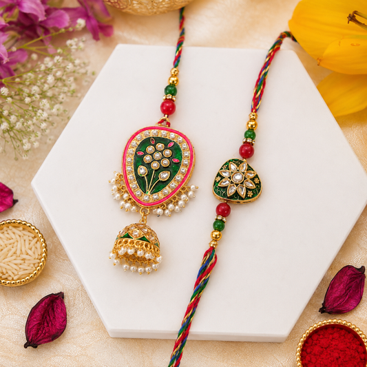 Bhai Bhabhi Rakhi Set | Green Floral Rakhi with Designer Jhumki Lumba