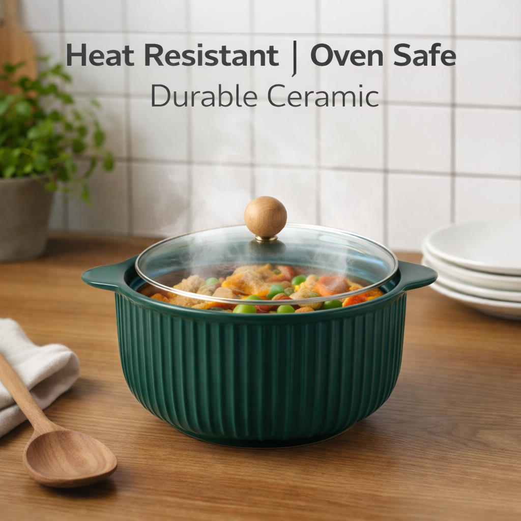 Ceramic Casserole Dish with Lid | Oven Safe, Heat Resistant Cookware | Durable Serving Bowl with Handles | Ideal for Cooking, Baking & Serving (Multi Colour)