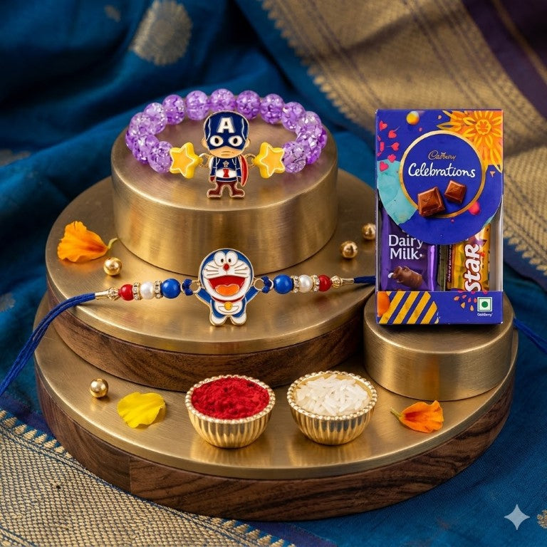 Tiny Shiny Captain America & Doraemon Kids Rakhi Set of 2 Designer Rakhi for Brother