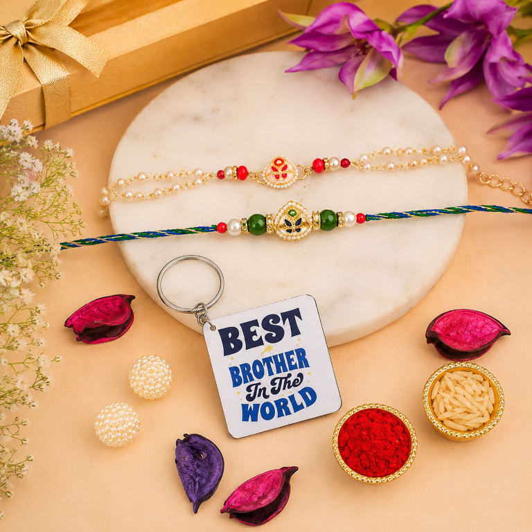 Bhai Bhabhi Rakhi Set | Designer Rakhi & Pearl Lumba Bracelet