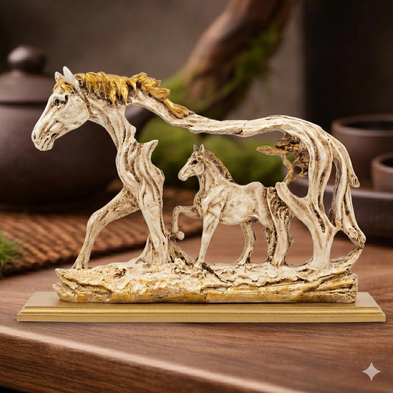 Galloping Horse & Foal Antique Figurine | Majestic Steed Home Decor