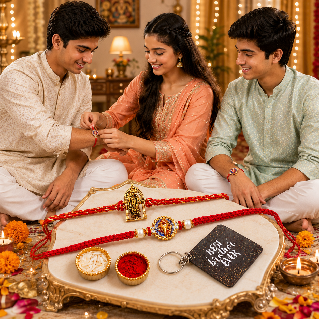 Rakhi Gift Set with 2 Divine Ram Lalla Rakhi Set, Roli Chawa, Sipra, Key Chain and chocolate box