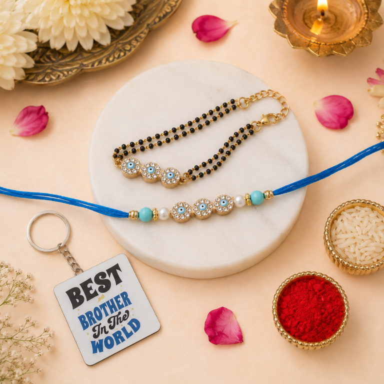 Bhai Bhabhi Rakhi Set | Evil Eye Rakhi & Black Bead Lumba Bracelet
