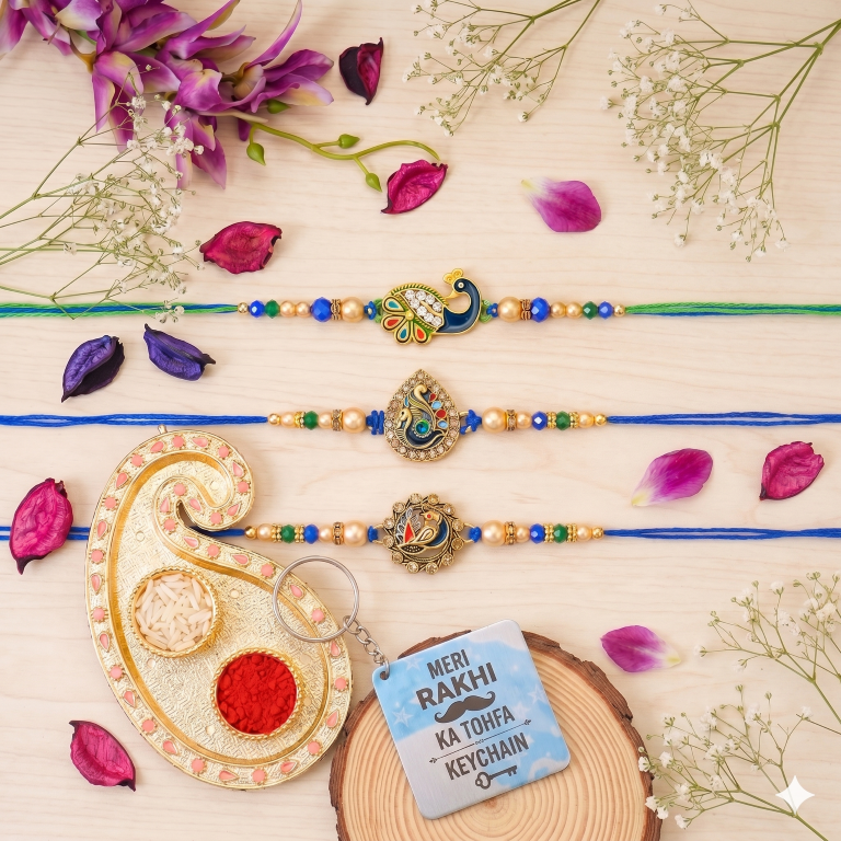 Rakhi Gift Set for Bhai with 3 Royal Peacock Rakhi Trio, Roli Chawa, Sipra, Key Chain and chocolate box