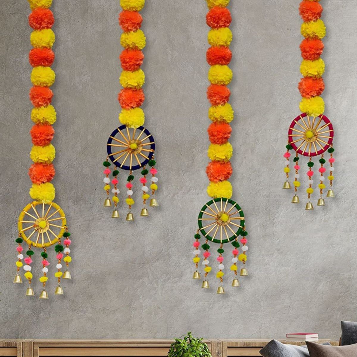Tiny Shiny Artificial Marigold Fluffy Flowers Garland String with Bells Ring Pom Pom