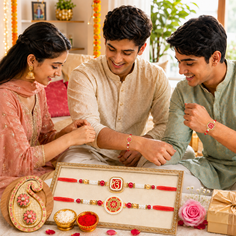 Rakhi Gift Set with 2 Ik Onkar & Mandala Rakhi Set, Roli Chawa, Sipra, Key Chain and chocolate box