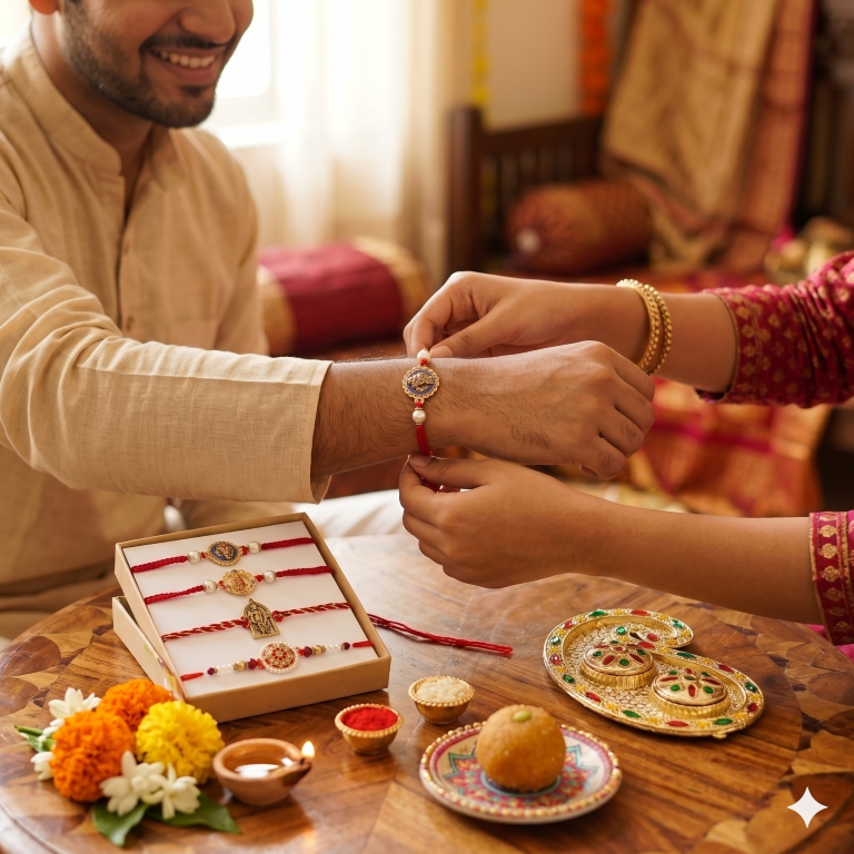 Set of 4 Premium Divine Rakhi Set for Brother, Bhai, Multicolor
