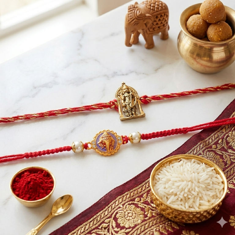 Rakhi Gift Set with 2 Divine Ram Lalla Rakhi Set, Roli Chawa, Sipra, Key Chain and chocolate box