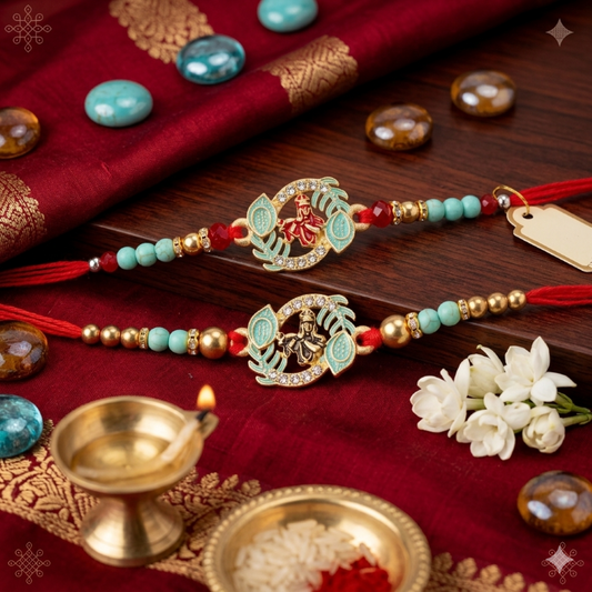 Rakhi Gift Set with 2 Lakshmi Ganesha Rakhi Set, Roli Chawa, Sipra, Key Chain and chocolate box
